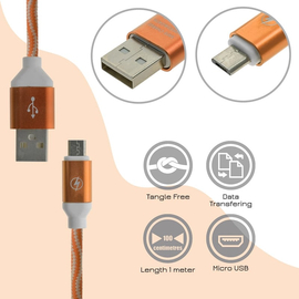 Πλεκτό Καλώδιο Φόρτισης - Δεδομένων Micro usb Orange 1m