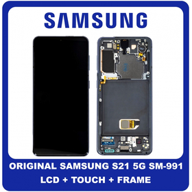 Γνήσιο Original Samsung Galaxy S21 5G 2021 (SM-G991B, SM-G991B/DS) Dynamic AMOLED LCD Display Screen Assembly Οθόνη + Touch Screen Digitizer Μηχανισμός Αφής + Frame Bezel Πλαίσιο Σασί No Camera Phantom Gray Γκρι GH82-27255A GH82-27256A (Service Pack By Samsung)