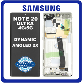 Γνήσια Original Samsung Galaxy Note20 Ultra 4G/5G, Dynamic AMOLED 2X LCD Display Screen Assembly Οθόνη + Touch Screen Digitizer Μηχανισμός Αφής + Frame Bezel Πλαίσιο Σασί White Ασπρο No Camera GH82-31458C (Servive Pack By Samsung)