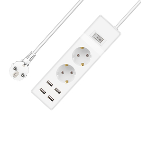 Extension Socket no Brand, 2 Way, 250v, 16a, Cable, 1.5m., 4 x usb f, With Switch, White - 17883